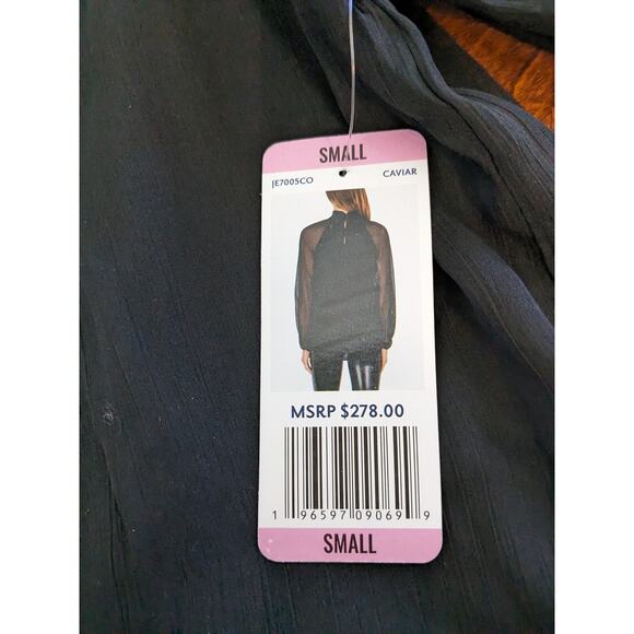 Joie Smocked Top S Black Sheer Long Sleeves Lined Keyhole Blouse High Mock Neck - Picture 9 of 14